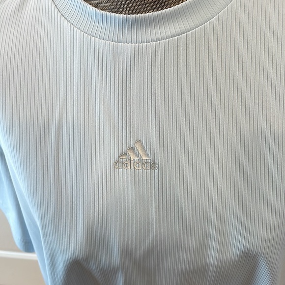 Adidas by Zoe Saldana light blue tint w/ silver logo UFORU athletic crop top - Picture 3 of 8